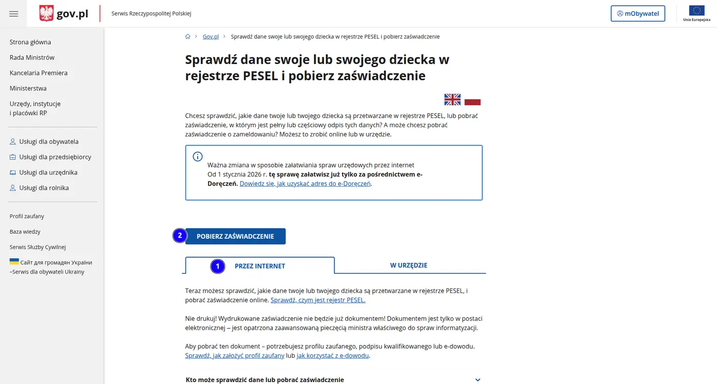 Сторінка gov.pl «Sprawdź dane w rejestrze PESEL» з кнопкою завантаження zaświadczenia