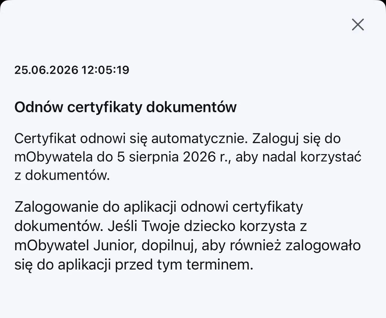 Сповіщення в mObywatel «Odnów certyfikaty dokumentów» з проханням увійти до застосунку до вказаної дати
