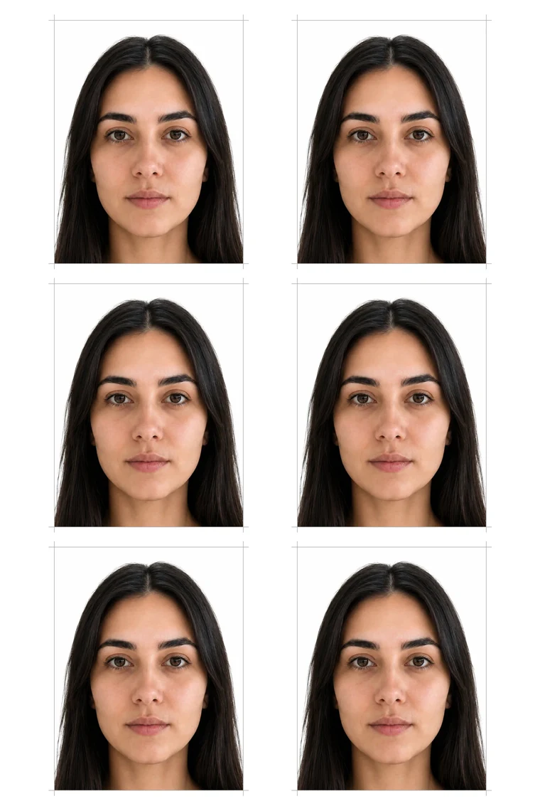 A 10×15 cm sheet of six identical 35×45 mm photos with cutting guides